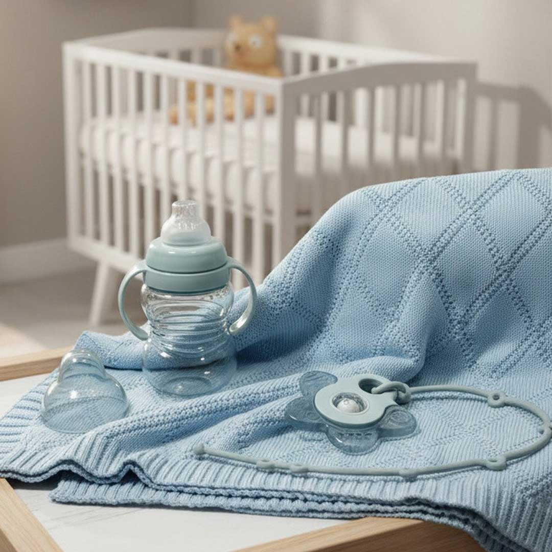 sky diamond baby boy gift box contents on changing table
