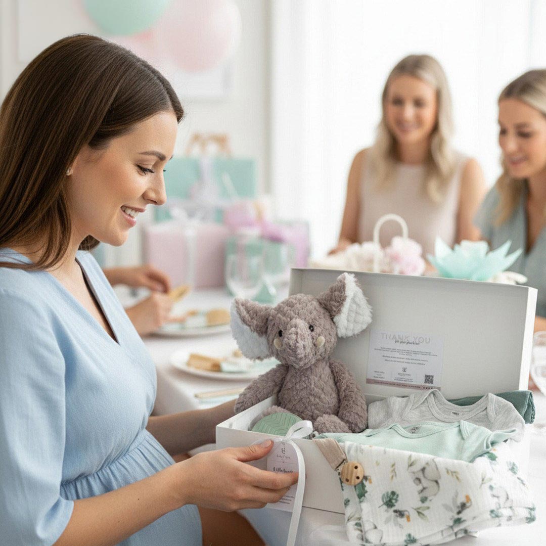 ellie-lifestyle-baby-shower pregnant woman opening the ellie snuggle box at her baby shower