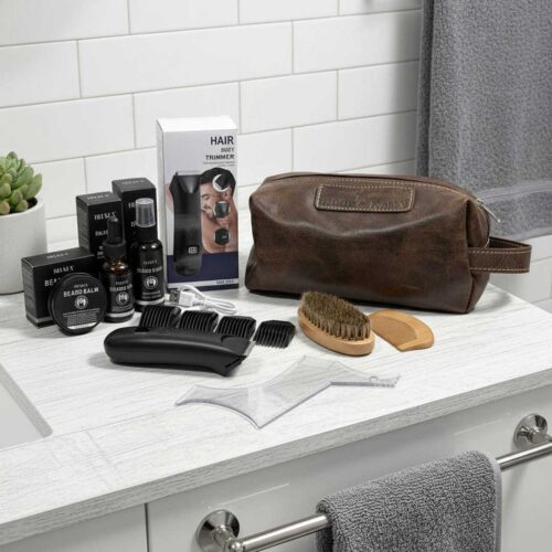 Contents of grooming box displayed on bathroom counter