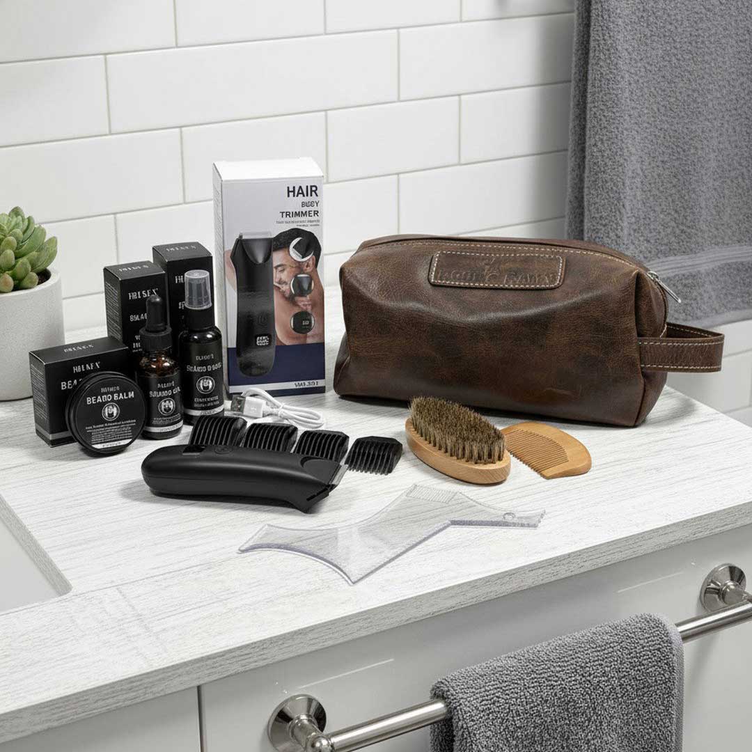 Contents of grooming box displayed on bathroom counter