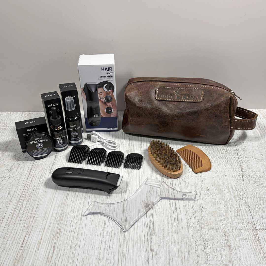 photo showing contents of grooming gift box on table