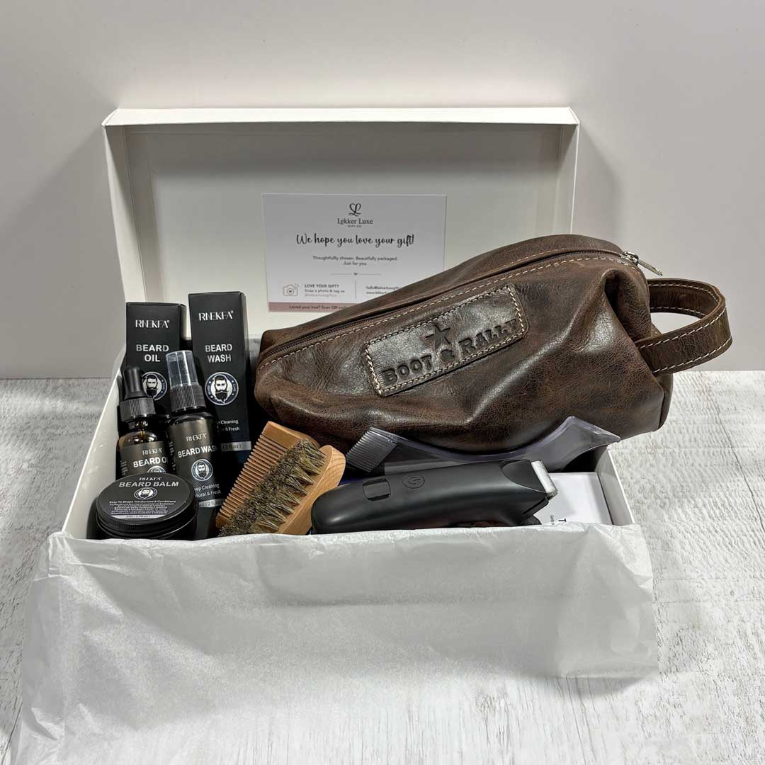 contents of grooming gift box displayed in box