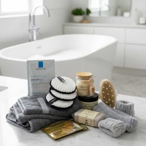 womens pamper contents on display in bathroom