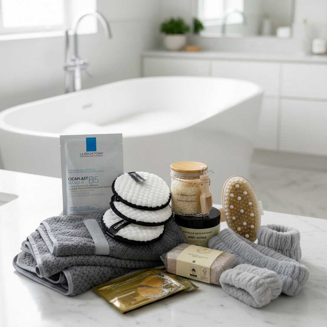 womens pamper contents on display in bathroom