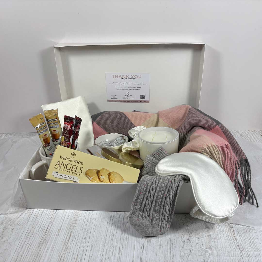 cozy box pink contents displayed in box