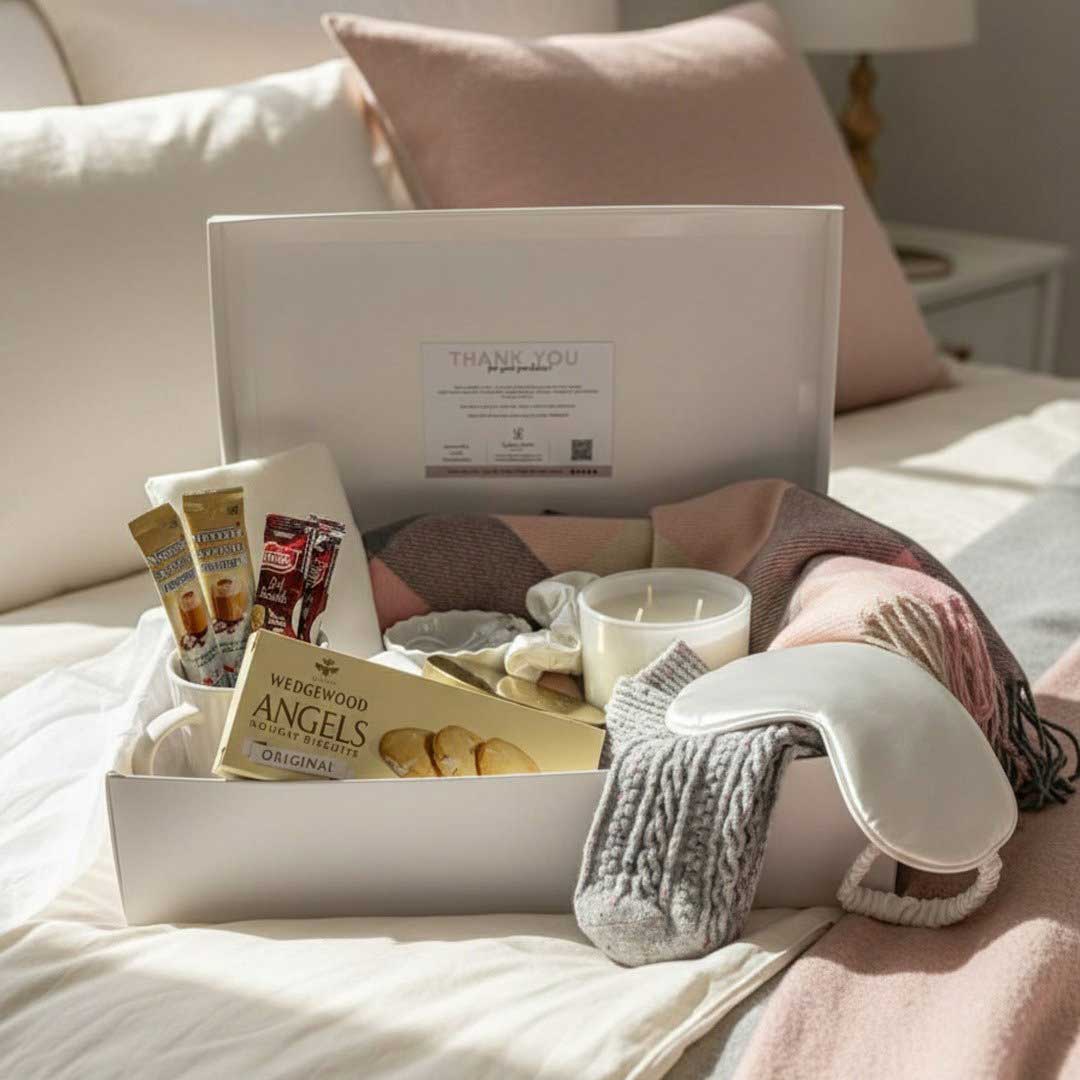 cozy pink box open on a bed