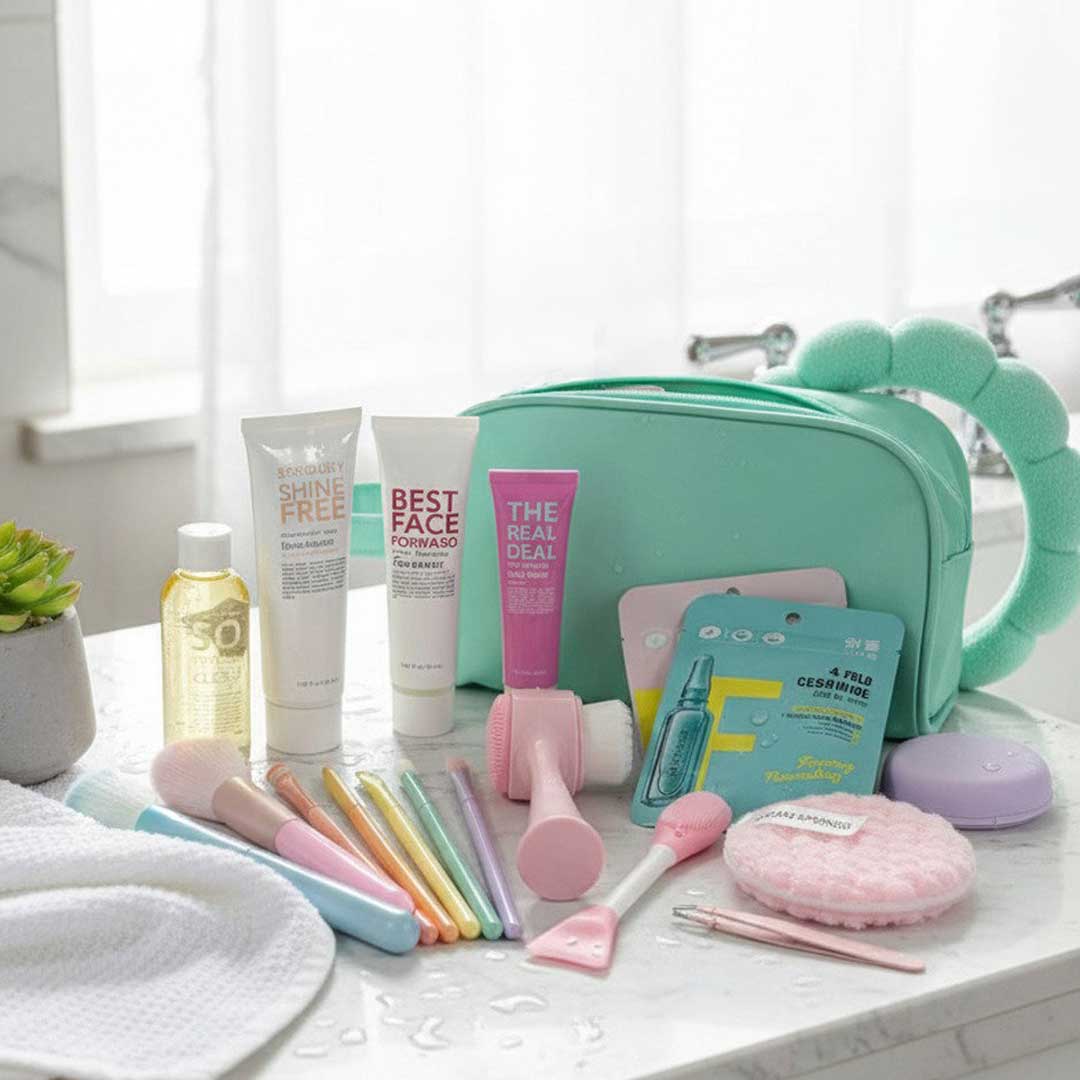 makeup gift box contents displayed on bathroom counter