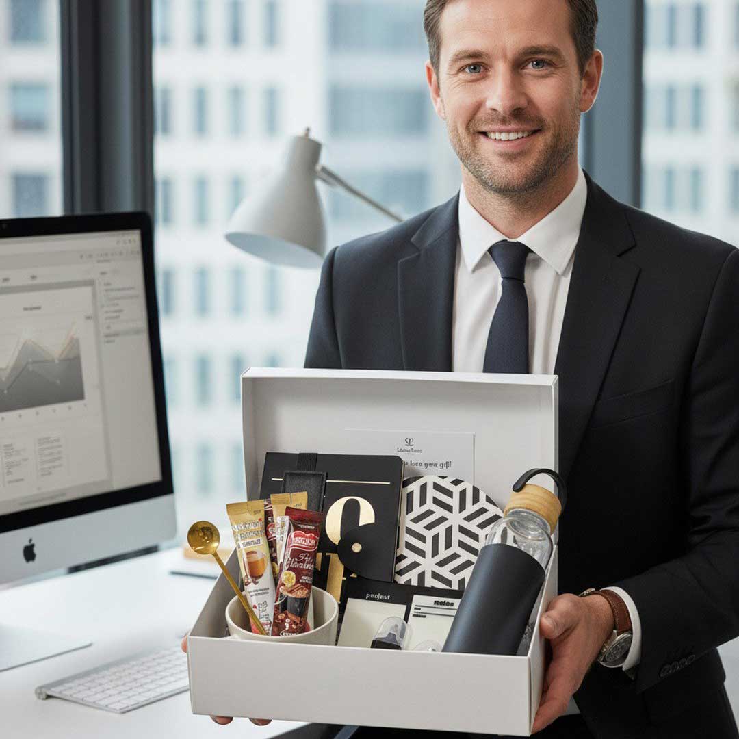 photo of executive holding stationery product gift box