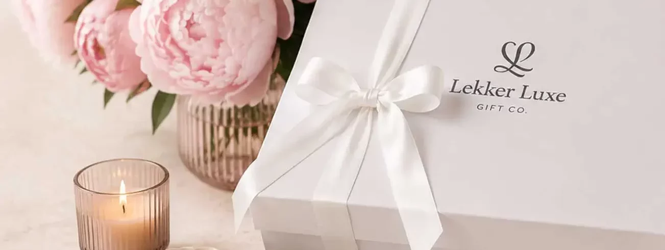 photo of lekker luxe gift box and peonies