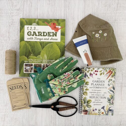 The Garden Lover’s gift box with gardening gloves, embroidered hat, garden planner, gardening book, scissors, seed envelopes and hand cream